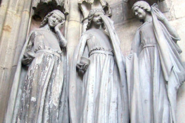 The sculptures of three virgins (around 1250) from the Magdeburg Cathedral in Magdeburg, Germany. The artist masterfully expresses the emotions in the faces and the body languages of the girls, showing a much more realistic expression than what was common in art around that time.