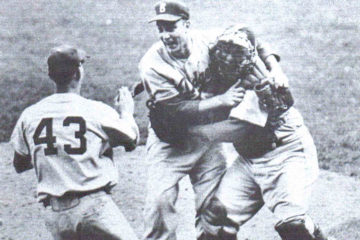 The Brooklyn Dodgers celebrate the winning of game seven of 1955 World Series on October 4, 1955 with Johnny Podres, center, Roy Campanella, right and Don Hoak.